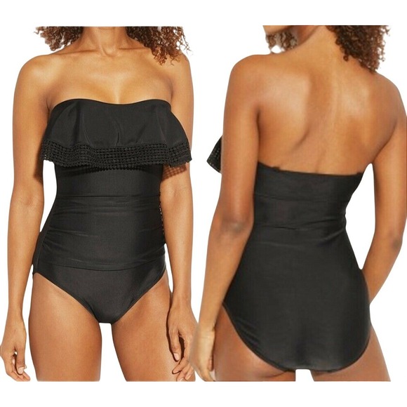 Kona Sol Other - Kona Sol Black Crochet Ruffled 1pc Moderate Coverage Swimsuit MEDIUM Vacation